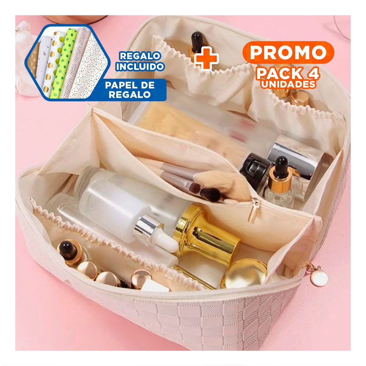 Pack4 Estuche Portacosmeticos Rosado Compacto y Moderno Y+Papel Regalo