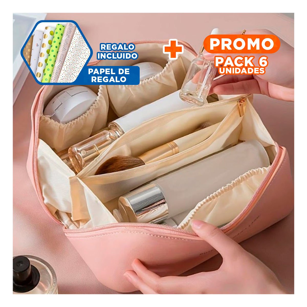 Pack6 Estuche Rosado Practico para Cosmeticos y Viaje Y+Papel Regalo