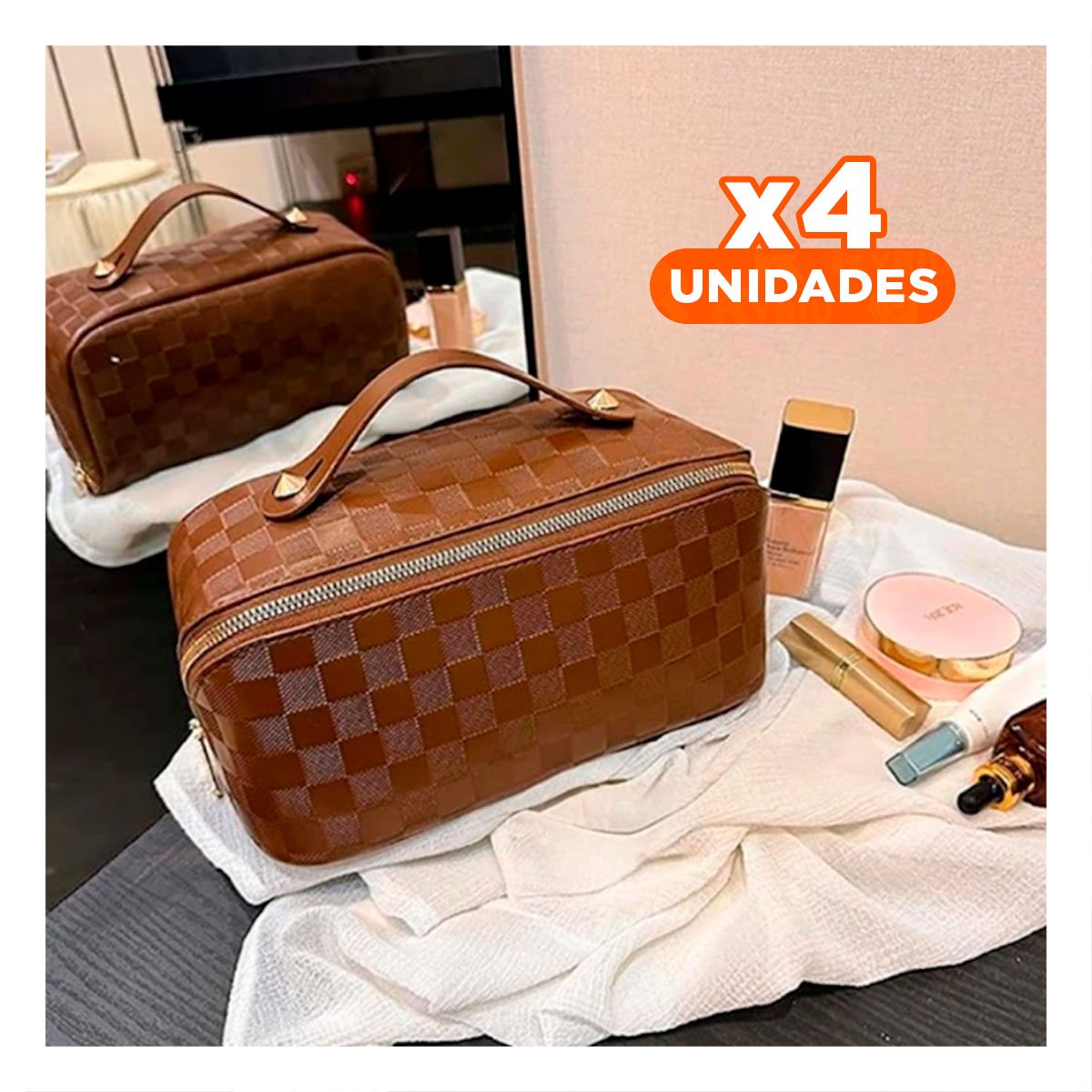 Pack4 Cartuchera Marron de Maquillaje con Diseno de Cuadros Minimalista