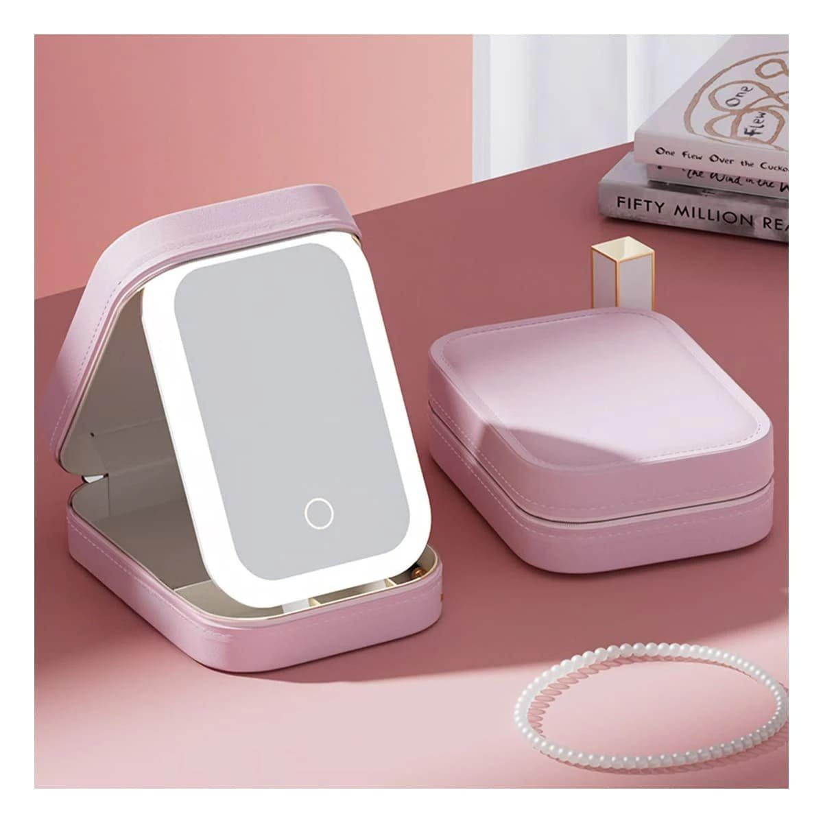 Porta Joyas Pequeno 11,5x16,5x6cm Rosado con LED y Espejo Facil de Ubicar Y+Ligas Regalo