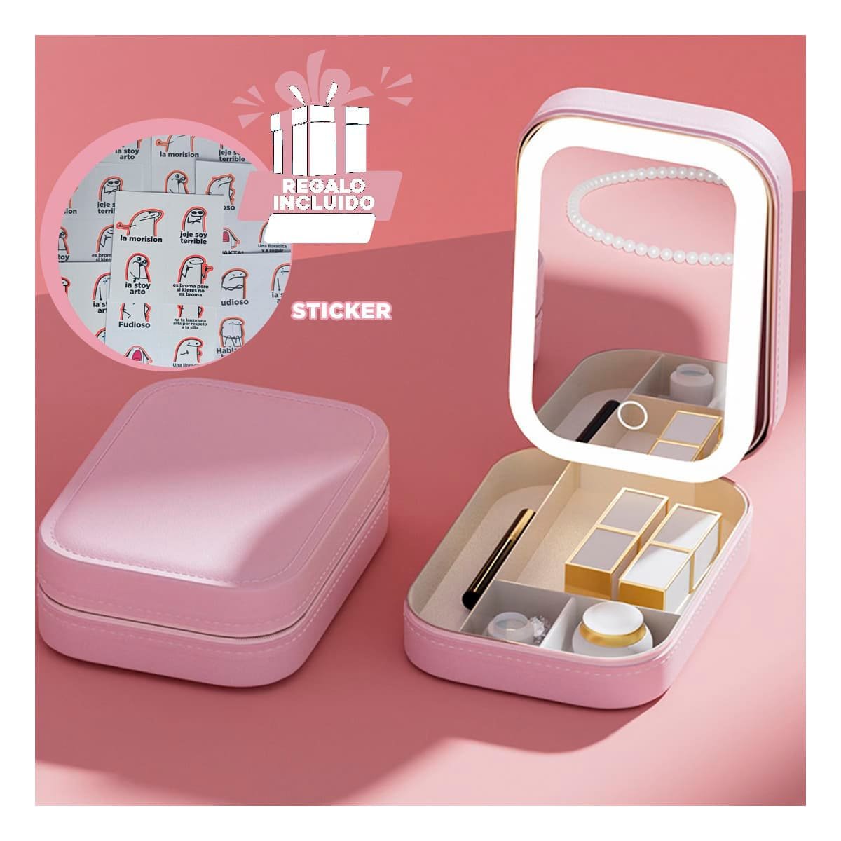 Porta Joyas Decorativo 11,5x16,5x6cm Rosado con LED y Espejo Resalta Hogar Y+Regalo Sticker