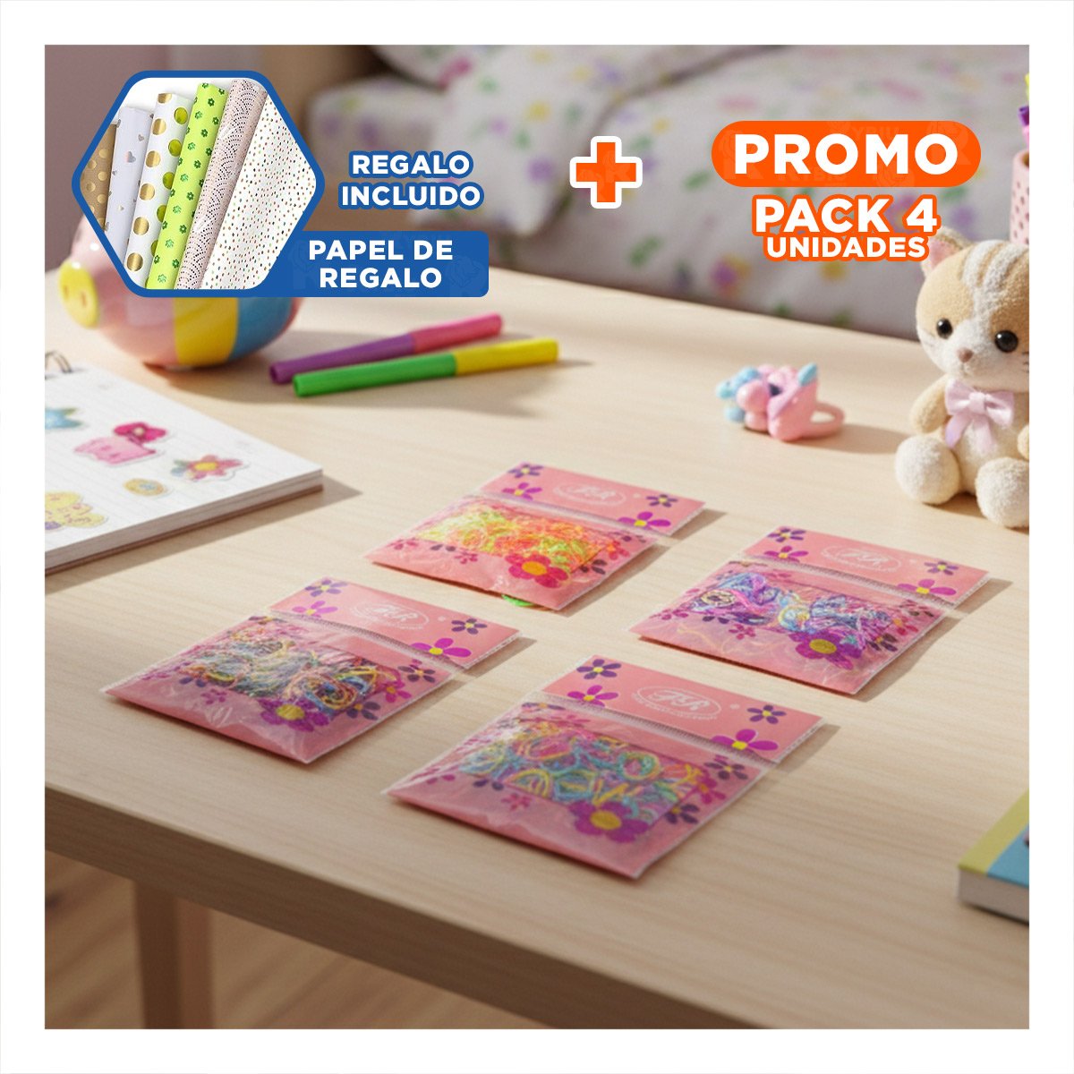 Pack4 Estuche Multicolor de Ligas para el Cabello 25mm Set 10 Y+Papel Regalo