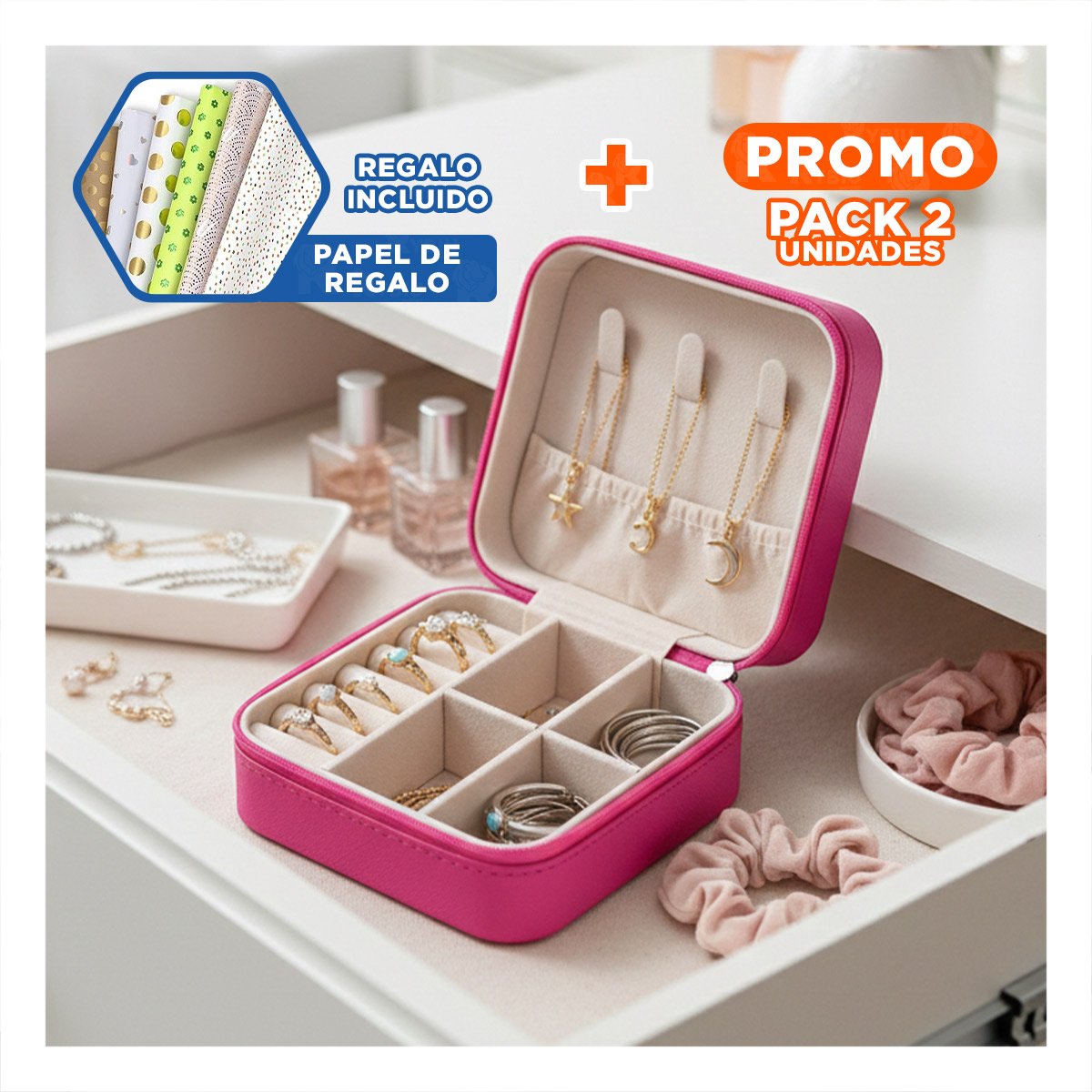 Pack2 Kit Joyero Mini Portatil para Mujer en Fucsia Y+Papel Regalo
