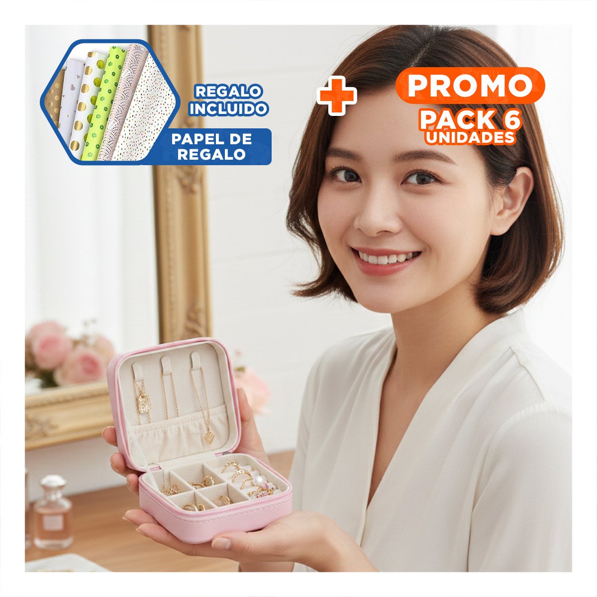 Pack6 Alhajero Rosado Claro Mini Joyero Portatil para Mujer Y+Papel Regalo