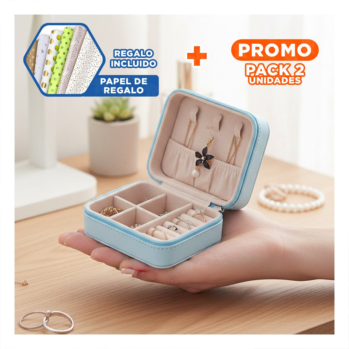 Pack2 Kit Joyero Mini Portatil para Mujer en Celeste Claro Y+Papel Regalo