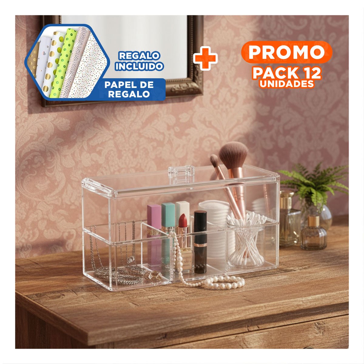 Pack12 Version Transparente de Acrilico 2 Pisos con 3 Divisiones Y+Papel Regalo