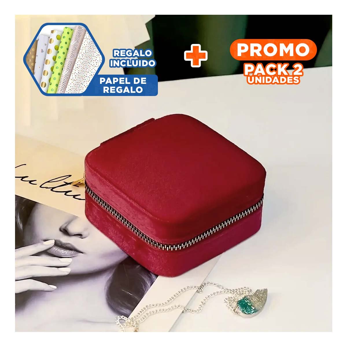 Pack2 Caja de Viaje Terciopelo Vino para Mujer Y+Papel Regalo