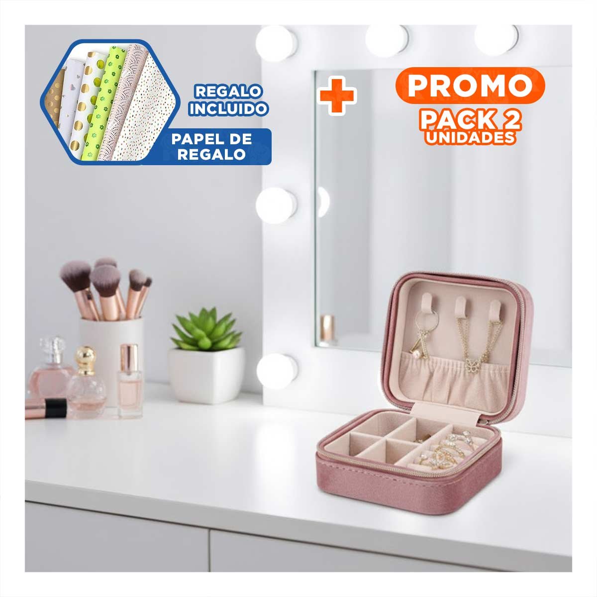 Pack2 Caja de Viaje Terciopelo Rosado para Mujer Y+Papel Regalo