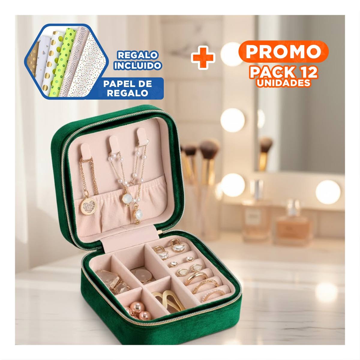 Pack12 Estuche Elegante de Terciopelo Verde Oscuro para Mujer Y+Papel Regalo