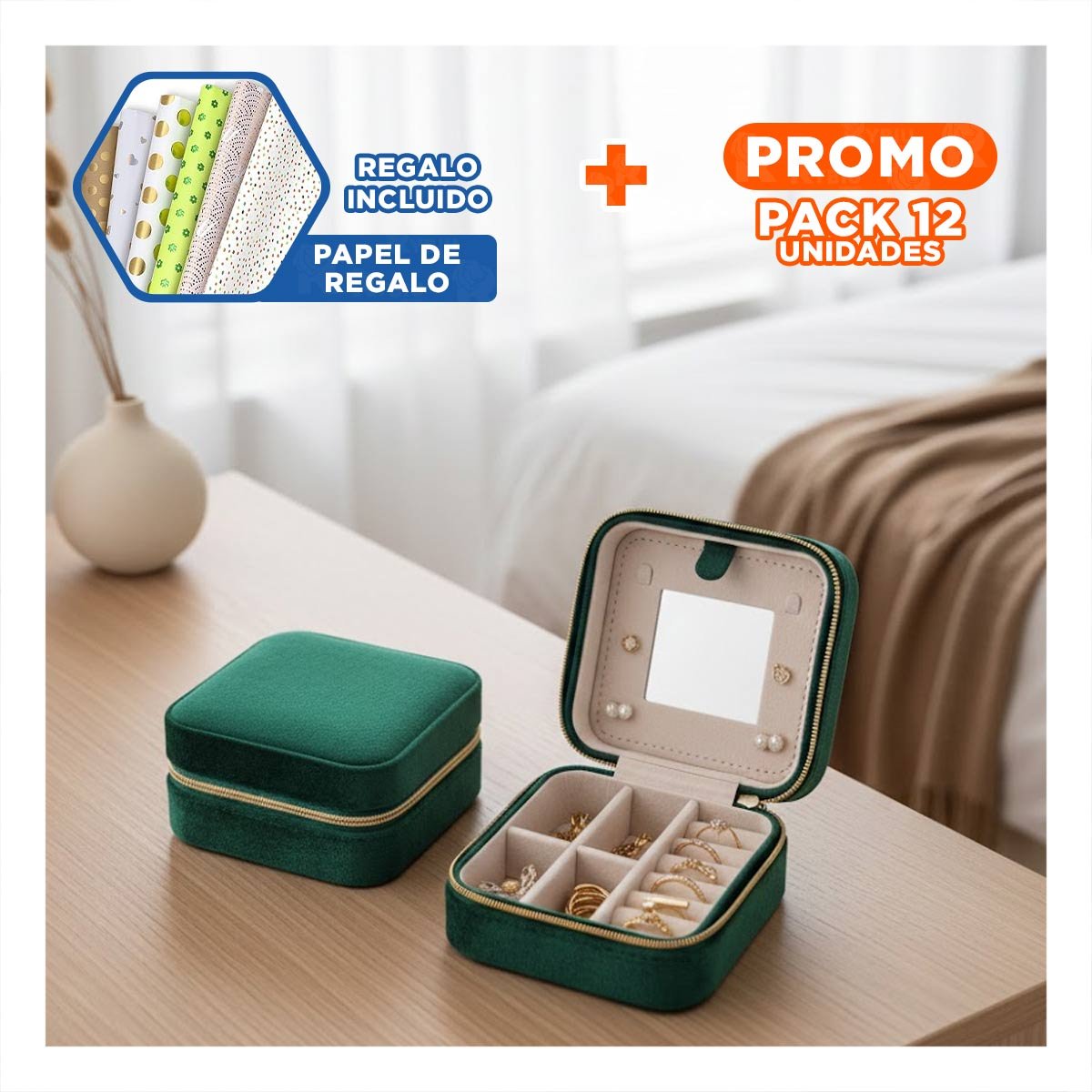 Pack12 Estuche Suave con Espejo Terciopelo Verde Oscuro Y+Papel Regalo