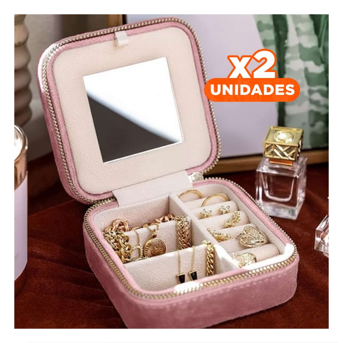Pack2 Cofre de Viaje con Espejo Terciopelo de Color Rosado Y+Regalo Sticker