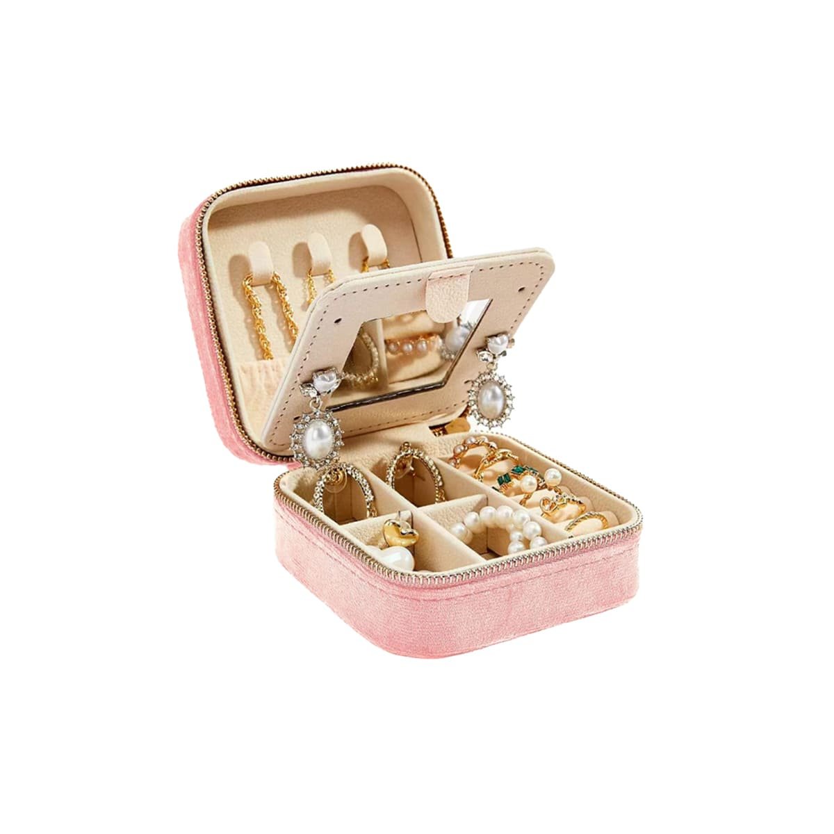 Caja de Color Rosado con Espejo Terciopelo Portatil Y+Papel Regalo