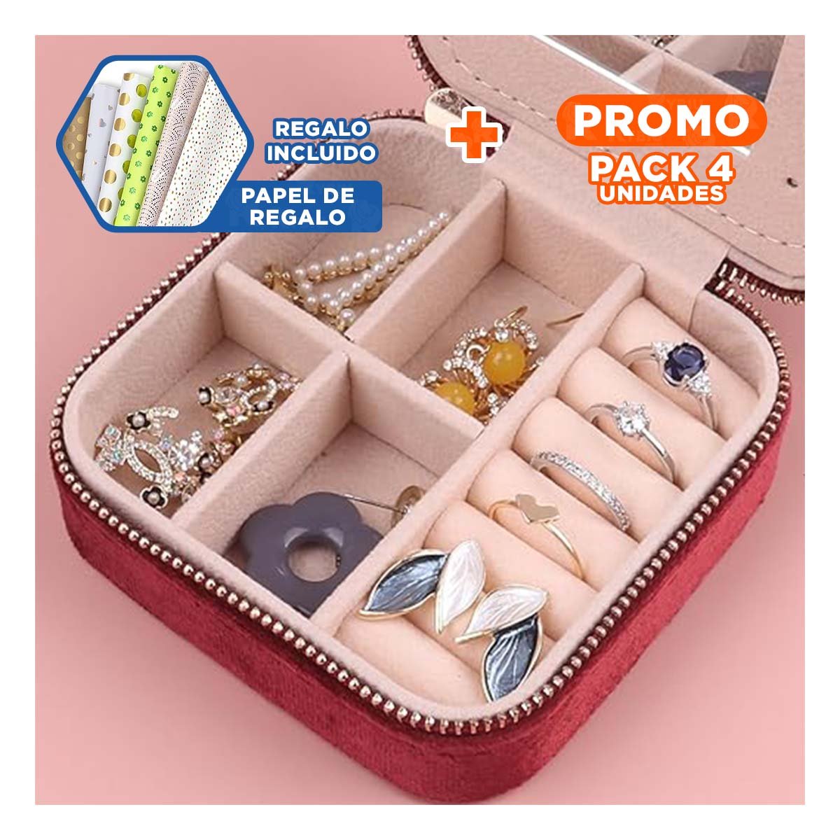 Pack4 Organizador Elegante con Espejo Terciopelo de Color Vino Y+Papel Regalo