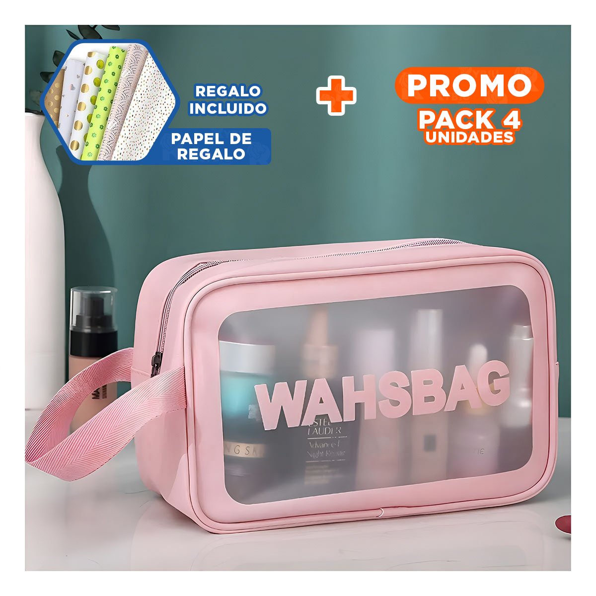 Pack4 Organizador de Aseo 22x13x7cm de Color Rosado Y+Papel Regalo