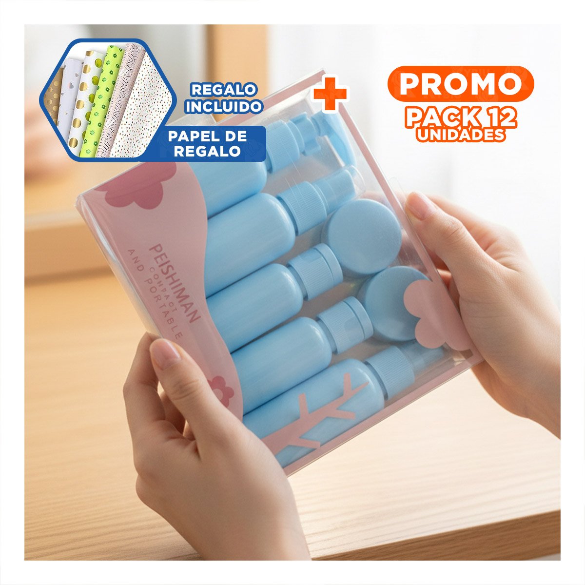 Pack12 Botellitas Pequenas de Viaje 7 Piezas Color Celeste Faciles de Usar Y+Papel Regalo