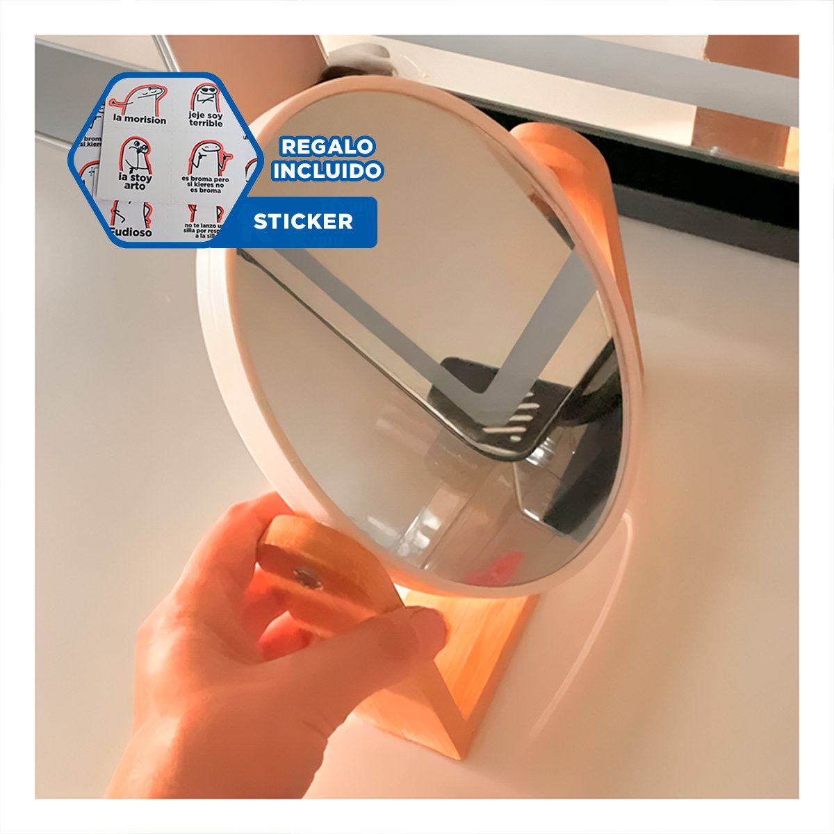 Espejo Ovalado Doble Practico 15cm con Base Madera Decoracion Y+Regalo Sticker