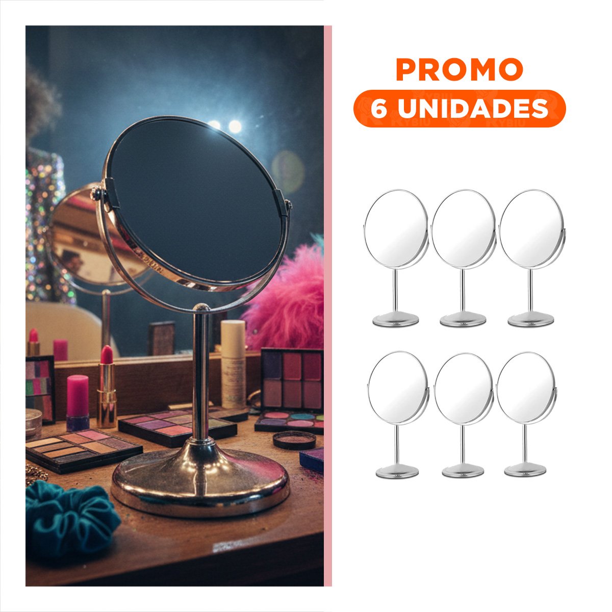 Pack6 Espejo Moderno Circular Doble de Mesa 21,5cm Plateado