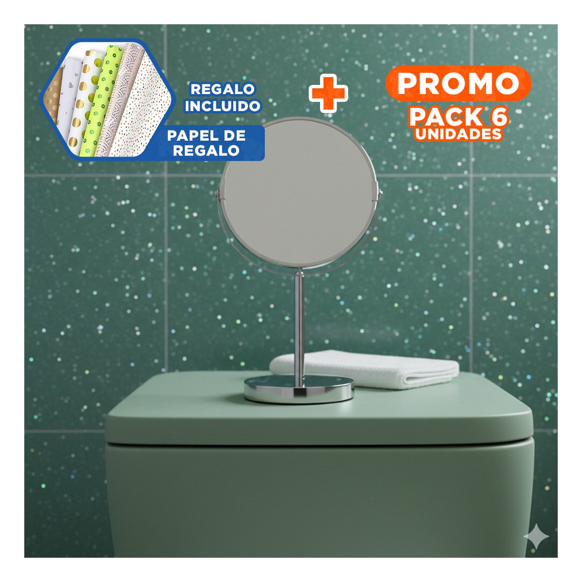 Pack6 Reflejo Moderno Circular Doble de Mesa 21,5cm Plateado Y+Papel Regalo