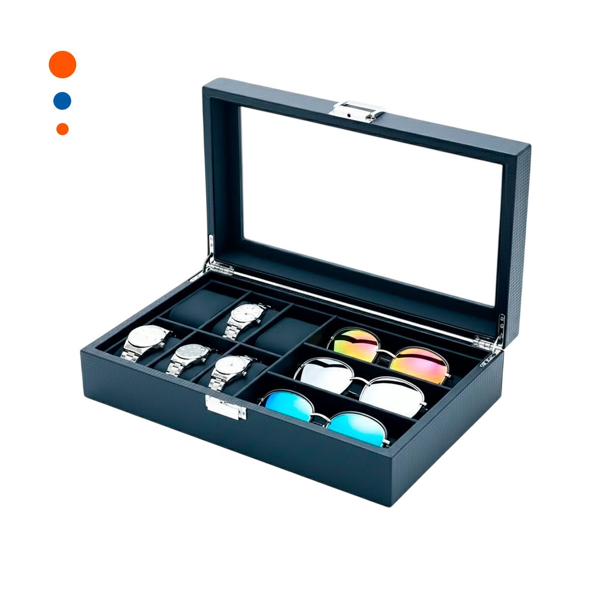 Estuche Porta 6 Relojes y 3 Lentes Negro Completo con Interior Acolchado Y+Papel Regalo