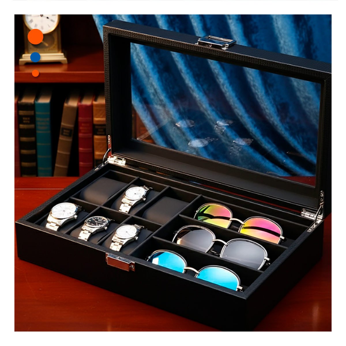 Organizador Porta 6 Relojes y 3 Lentes Negro Completo con Compartimentos