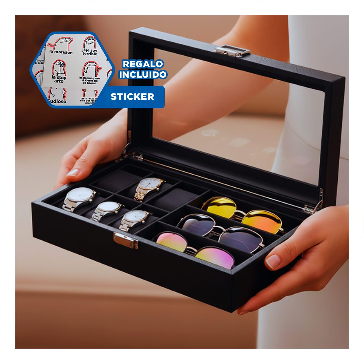 Caja Porta 6 Relojes y 3 Lentes Negro Completo con Tapa Transparente Y+Regalo Sticker