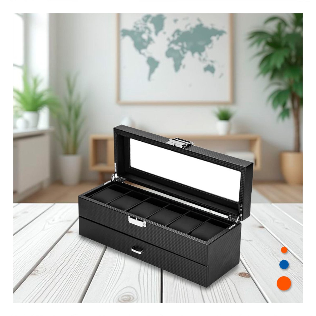 Caja para 6 Relojes y Accesorios Negro 2 Niveles Completo Y+Ligas Regalo