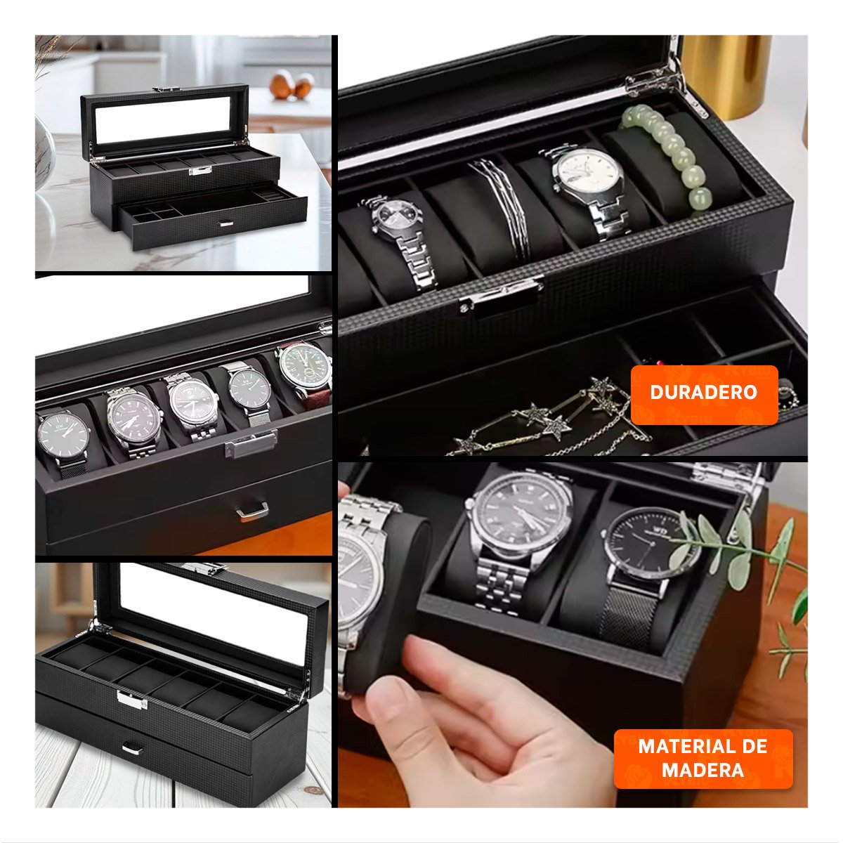 Exhibidor para 6 Relojes y Accesorios Negro 2 Niveles Completo Y+Post It