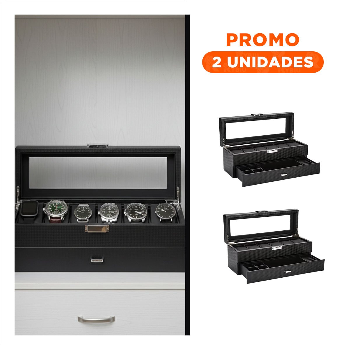 Pack2 Almacenador Porta Relojes y Accesorios Negro 2 Niveles Completo