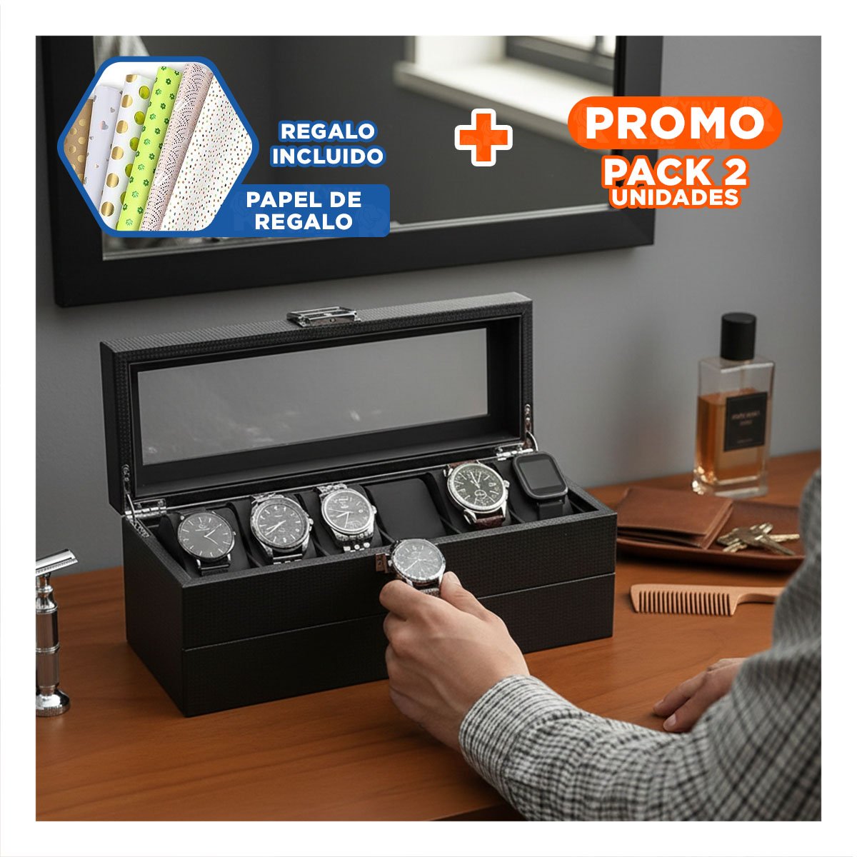Pack2 Protector Porta Relojes y Accesorios Negro 2 Niveles Completo Y+Papel Regalo
