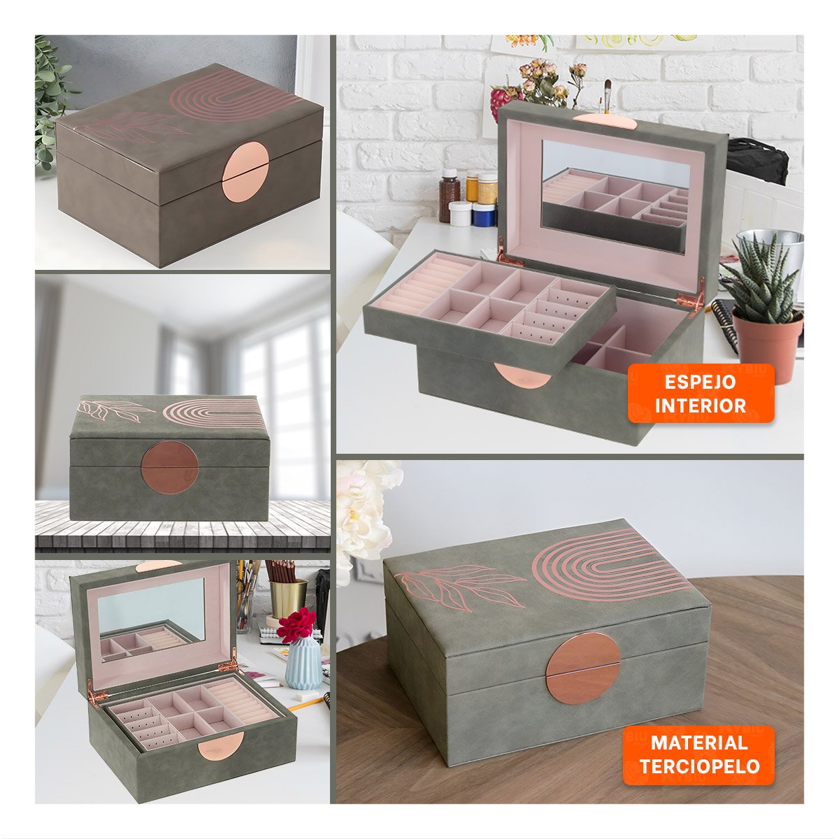 Cofre Moderno 2 Niveles 24,5x18x11 cm Verde con Detalles Dorados Y+Post It