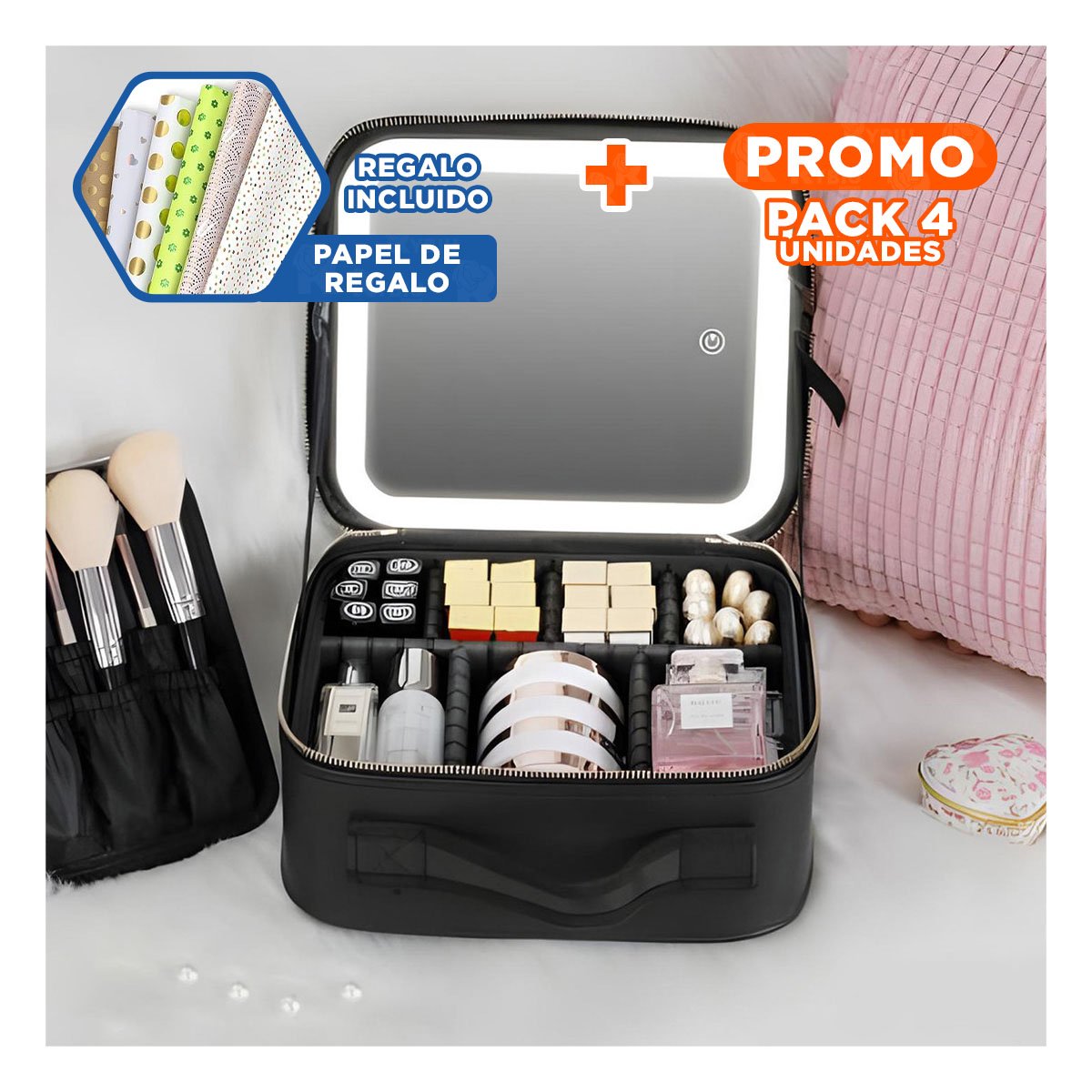Pack4 Organizador Rigido de Maquillaje con Espejo Negro Resistente Y+Papel Regalo