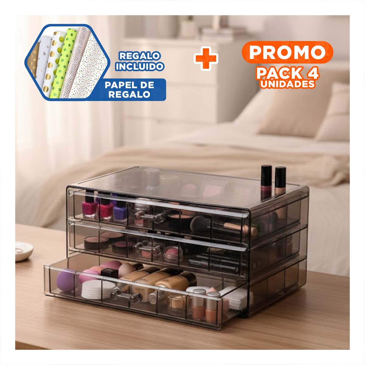 Pack4 Organizador de Accesorios Niveles 72 Divisiones Negro Transparente Y+Papel Regalo