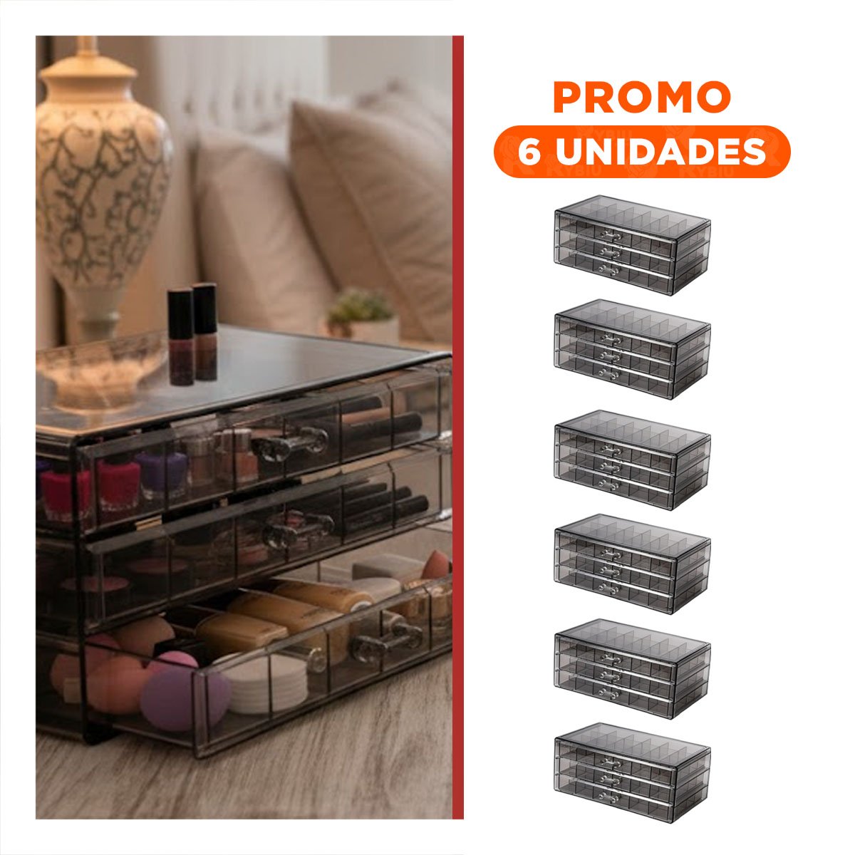 Pack6 Contenedor para Accesorios de Acrilico 3 Niveles 72 Divisiones Negro Transparente