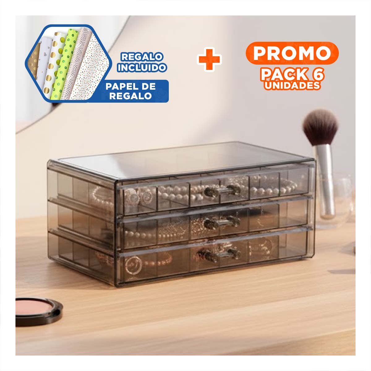 Pack6 Exhibidor de Acrilico 3 Niveles 72 Divisiones Negro Transparente Y+Papel Regalo