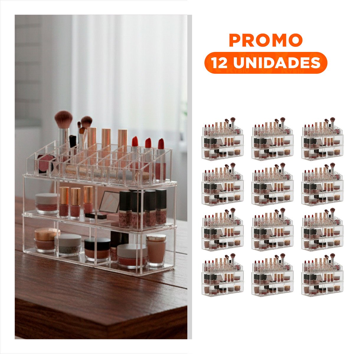 Pack12 Organizador para Tocador de Acrilico 2 Pisos 3 Divisiones Transparente Y+Regalo Sticker