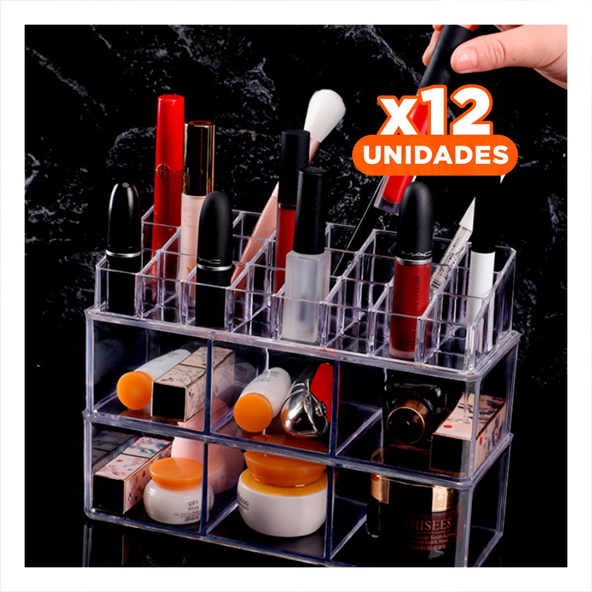 Pack12 Contenedor Organizador de Mesa Acrilico 2 Pisos 3 Divisiones 9 Labiales Transparente