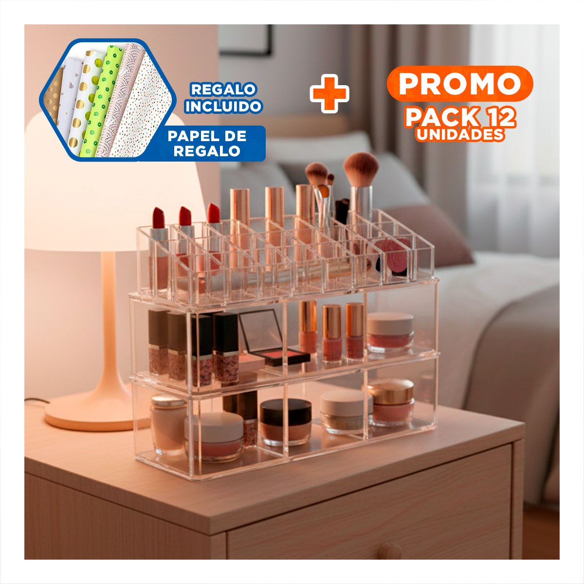 Pack12 Estuche Organizador de Mesa Acrilico 2 Pisos 3 Divisiones 9 Labiales Y+Papel Regalo