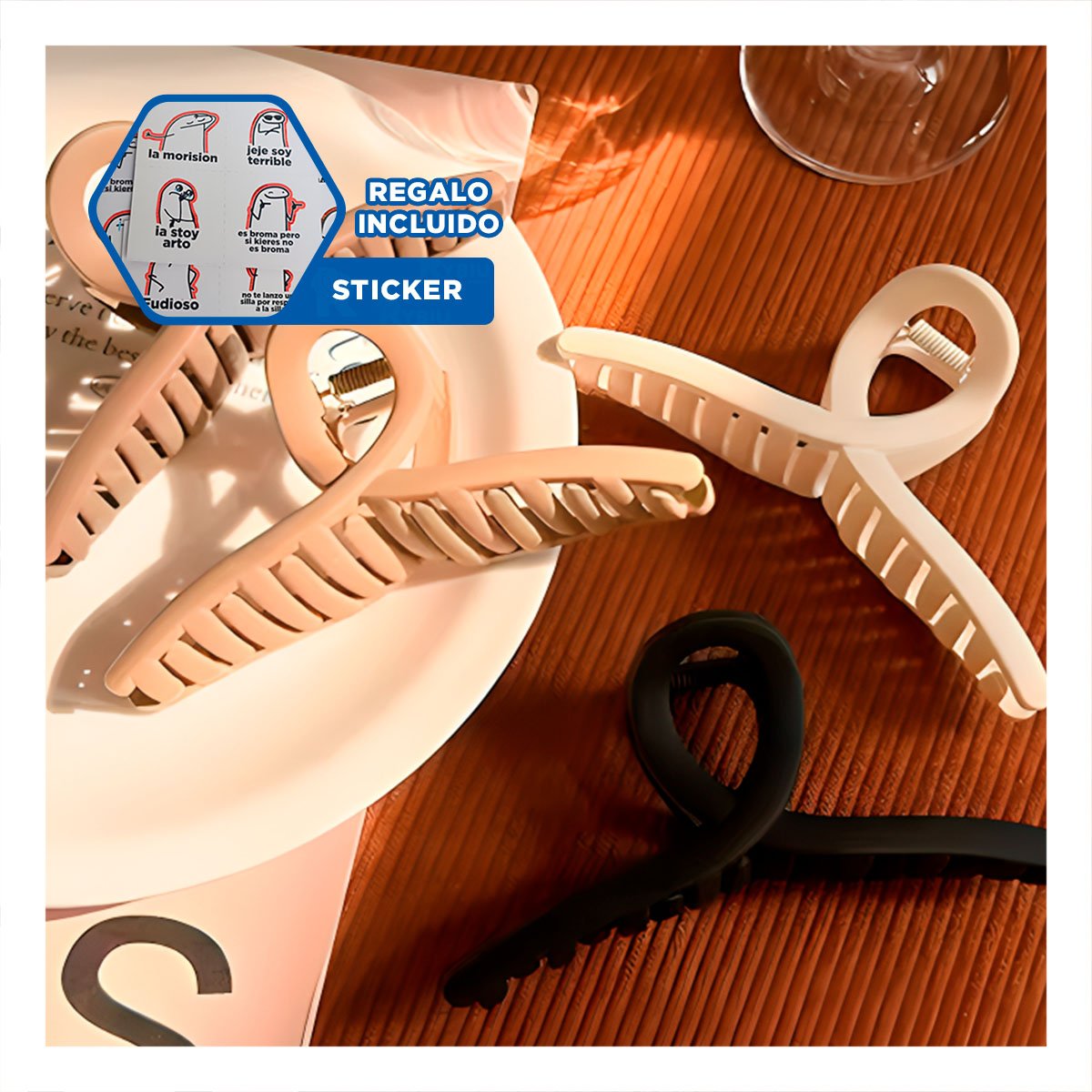 Juego de 4 Accesorios de Cabello Forma E en Negro Marron Beige Y+Regalo Sticker