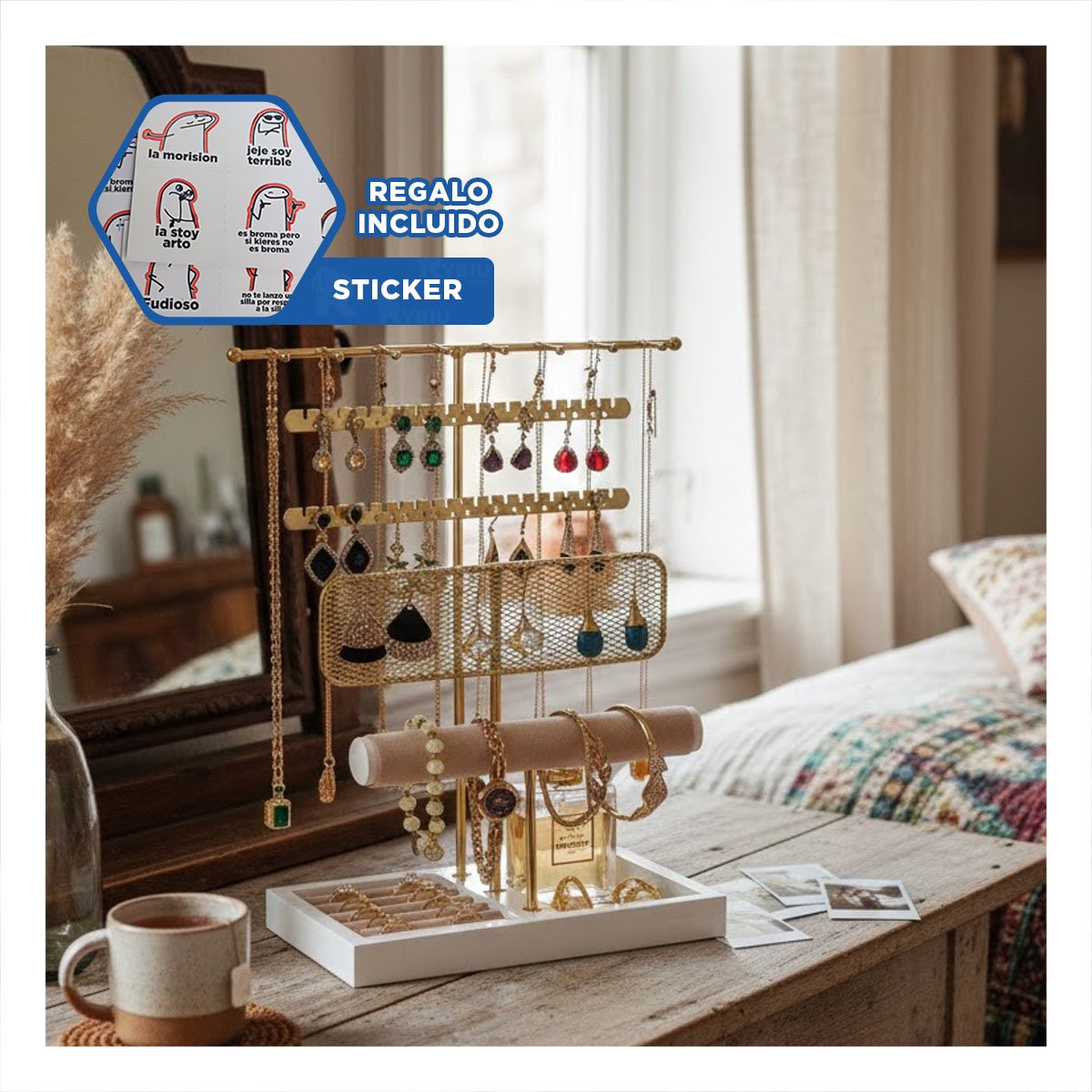 Mostrador Decorativo de Joyas 24,5x32x12cm Dorado para Tocador Y+Regalo Sticker