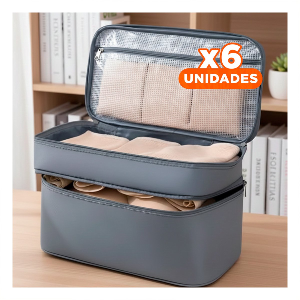 Pack6 Estuche Moderno 4 Espacios 30x16x17cm Plomo para Mujer Y+Regalo Sticker