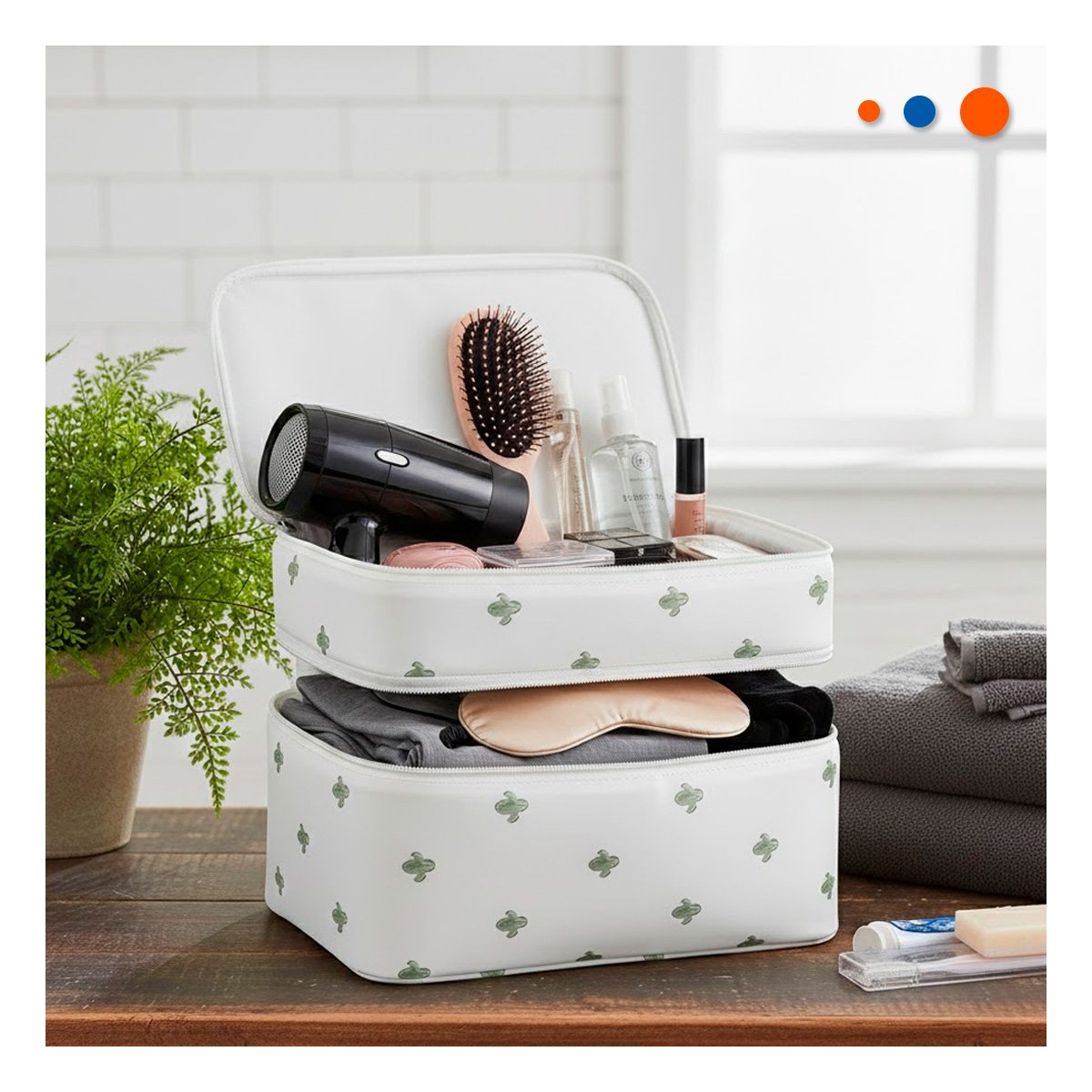 Portacosmeticos con 4 Espacios 30x16x17cm para Viaje Blanco Cactus Y+Ligas Regalo