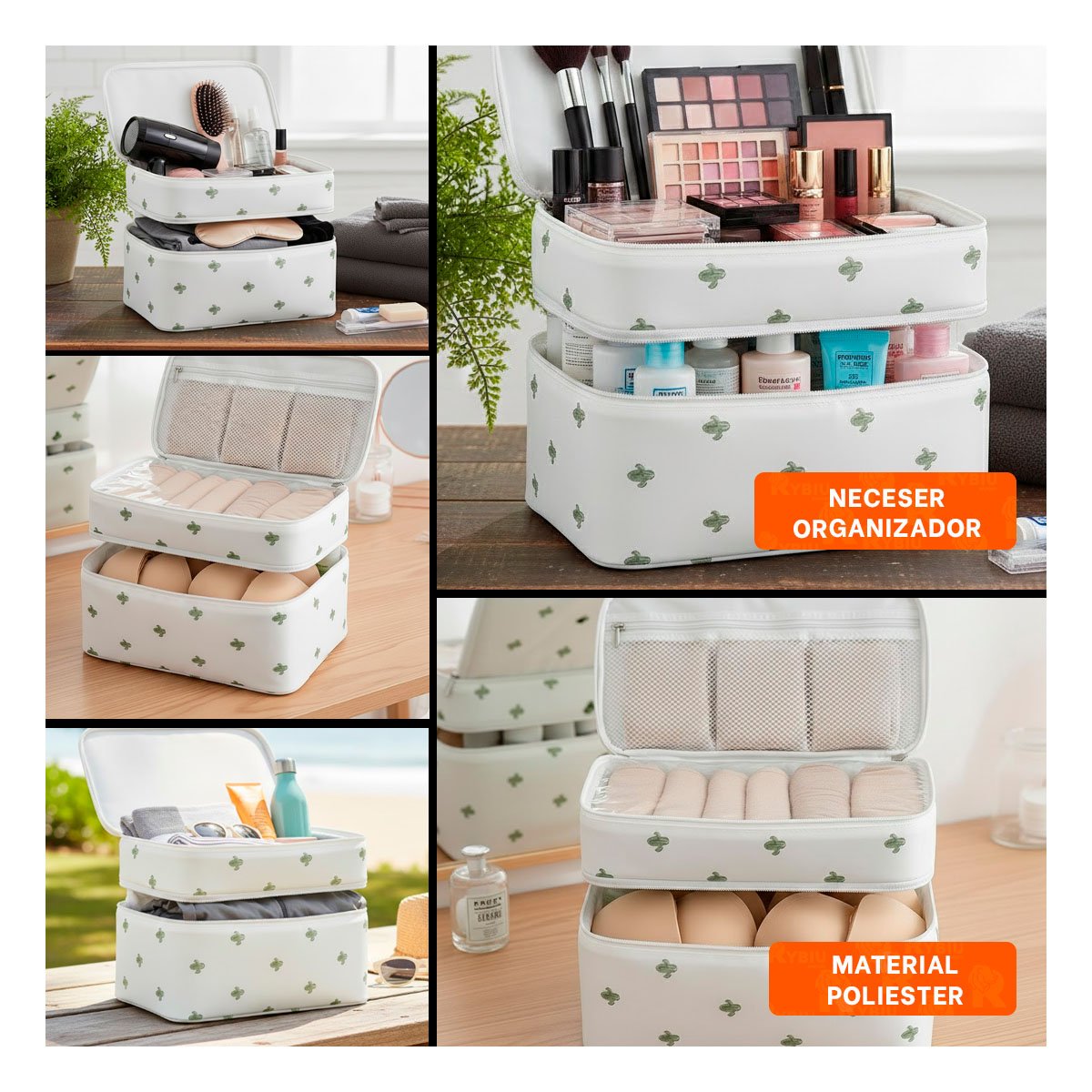 Neceser de Viaje 4 Espacios 30x16x17cm para Maquillaje Blanco Cactus Y+Post It