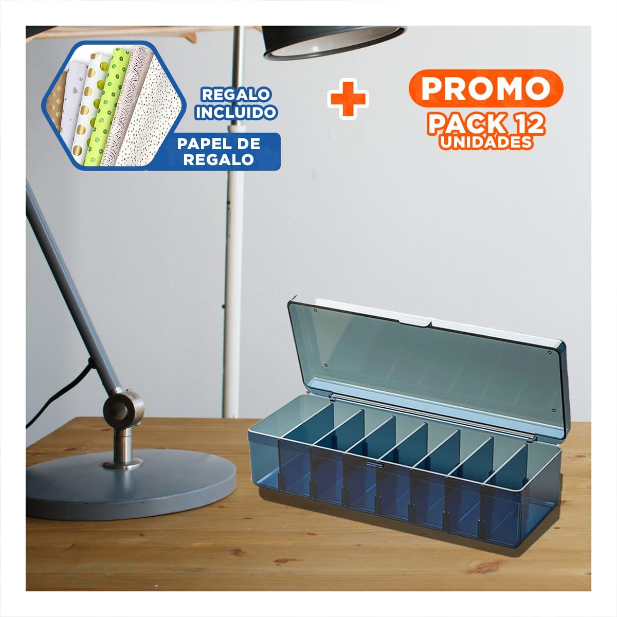 Pack12 Organizador Plastico Funcional 16.5x10x7.5cm para Accesorios Azul Y+Papel Regalo