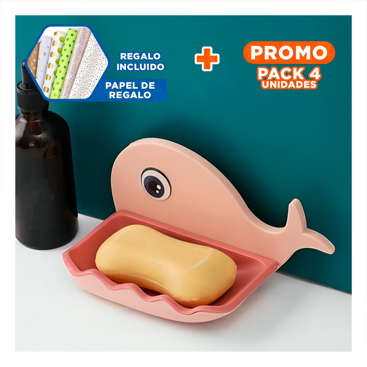 Pack4 Contenedor Ballena Porta Jabon Practico para Uso Diario Hogar Rosado Y+Papel Regalo