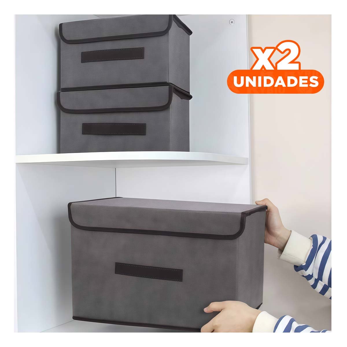 Pack2 Canasta de Guardado Tela Plomo 36x24x23cm para Uso Diario Y+Regalo Sticker