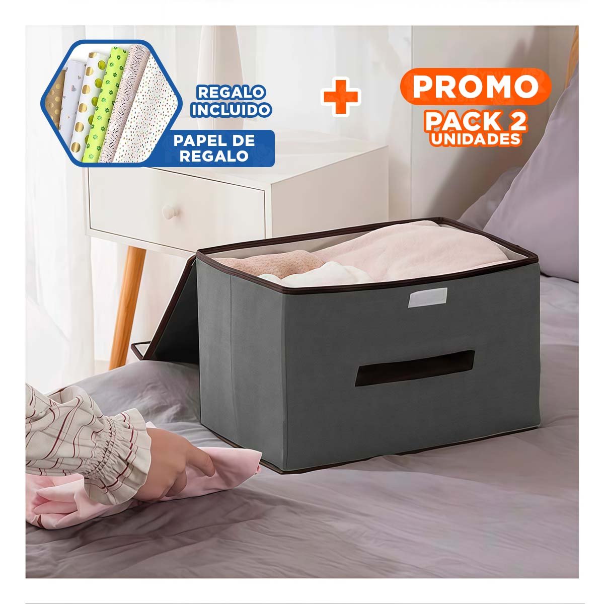 Pack2 Canasta Textil Plomo 36x24x23cm para Ropa Accesorios y Mas Y+Papel Regalo