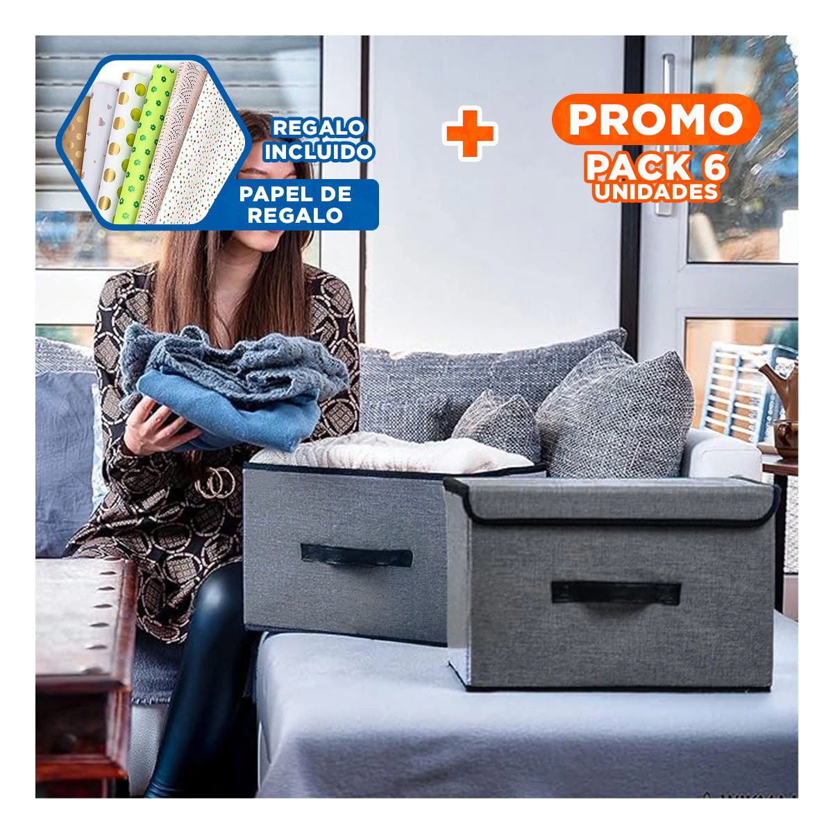 Pack6 Compartimento de Tela Plomo 25x19x16cm para Orden Diario en Hogar Y+Regalo Sticker