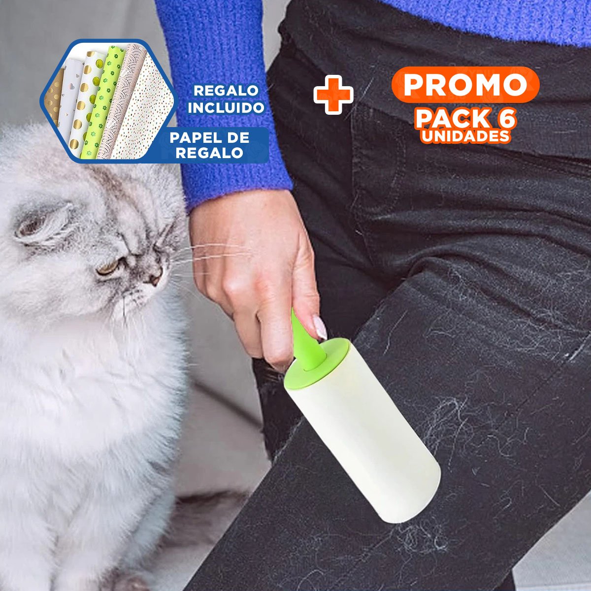 Pack6 Sistema Quita Pelusa en Rodillo Practico para Limpieza Verde Extra Nuevo Y+Papel Regalo