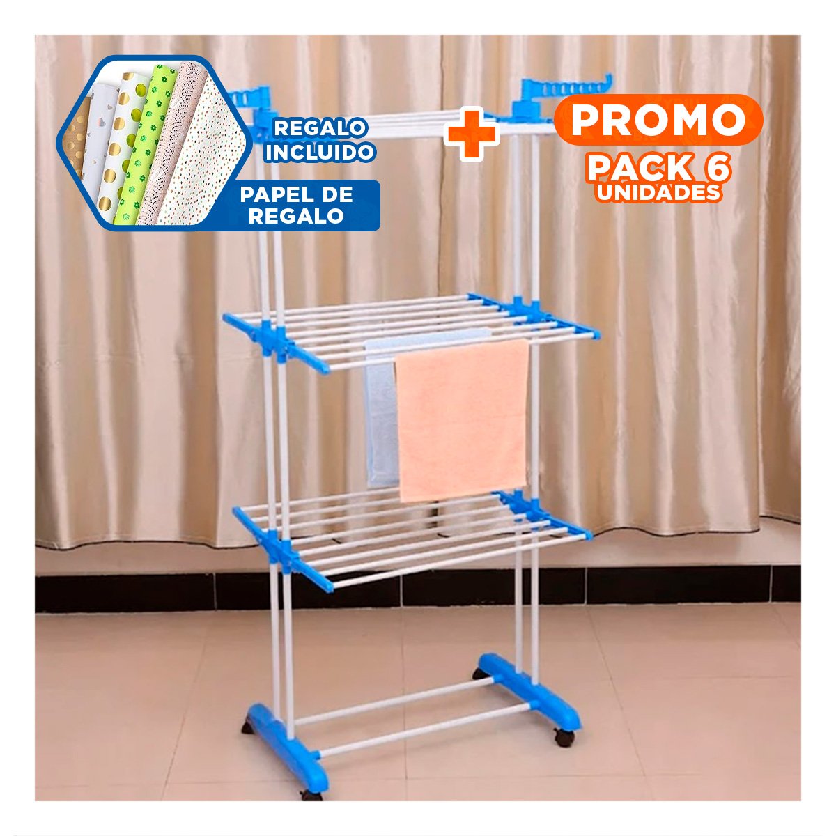 Pack6 Base Plegable que Permite Secar Ropa en Ambientes del Hogar en Celeste Y+Papel Regalo