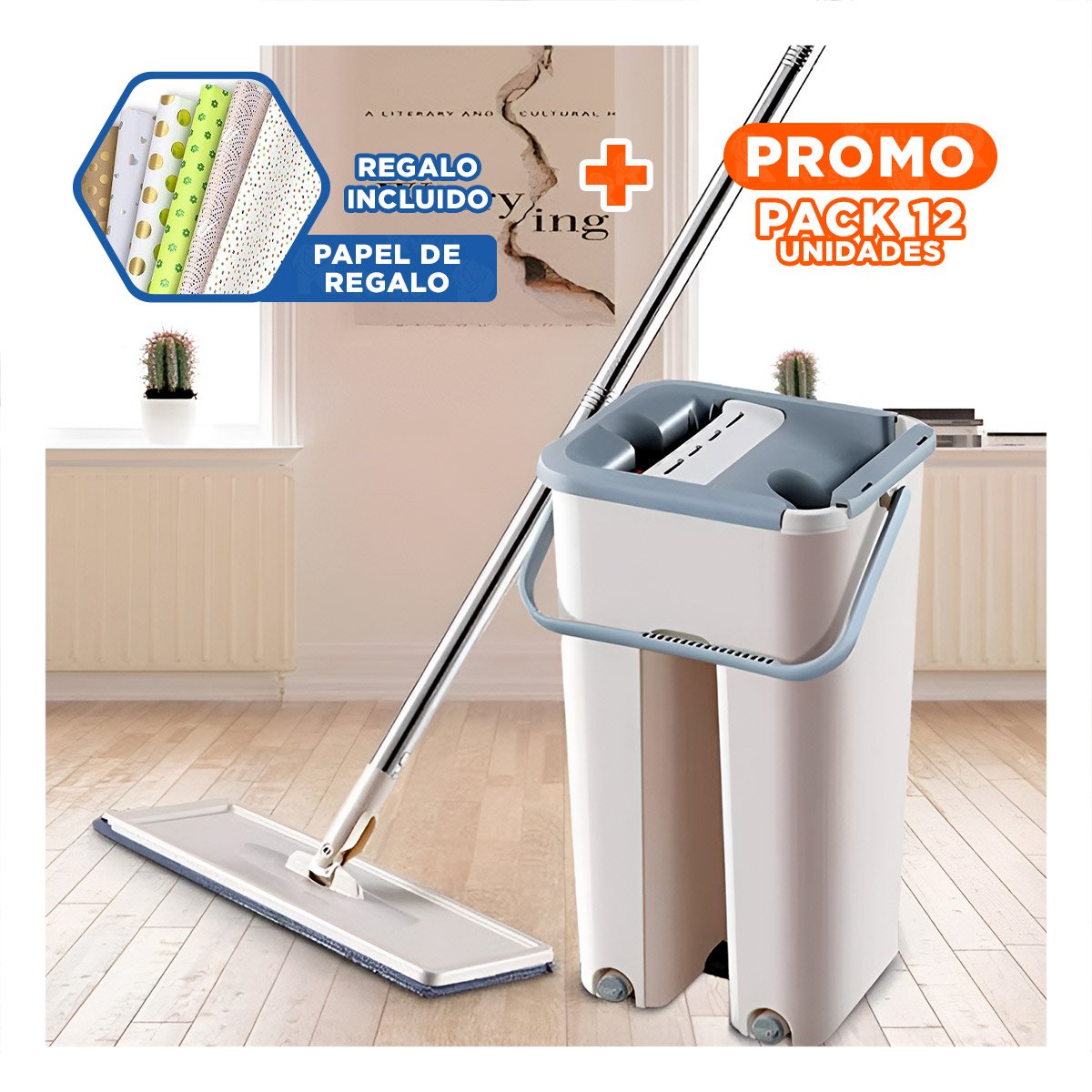 Pack12 Mopa Ligera 360 con Balde Centrifugador para Casa Gris Y+Papel Regalo